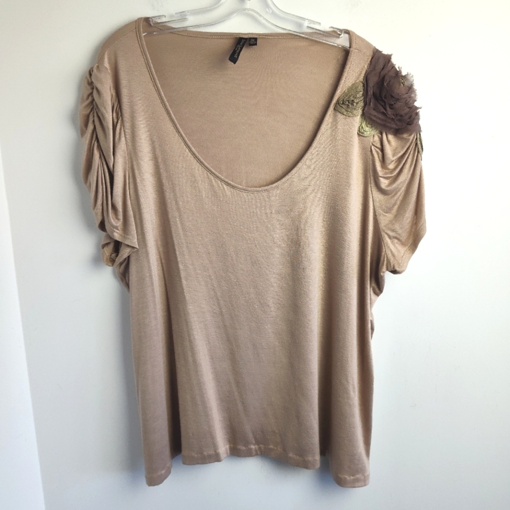 Susan Lawrence 3X plus size blouse cool brown applique soft stretch embellished